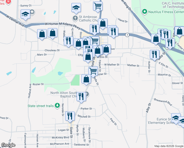 map of restaurants, bars, coffee shops, grocery stores, and more near 3332 Belle Street in Alton