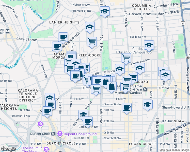 map of restaurants, bars, coffee shops, grocery stores, and more near 1630 Florida Avenue Northwest in Washington