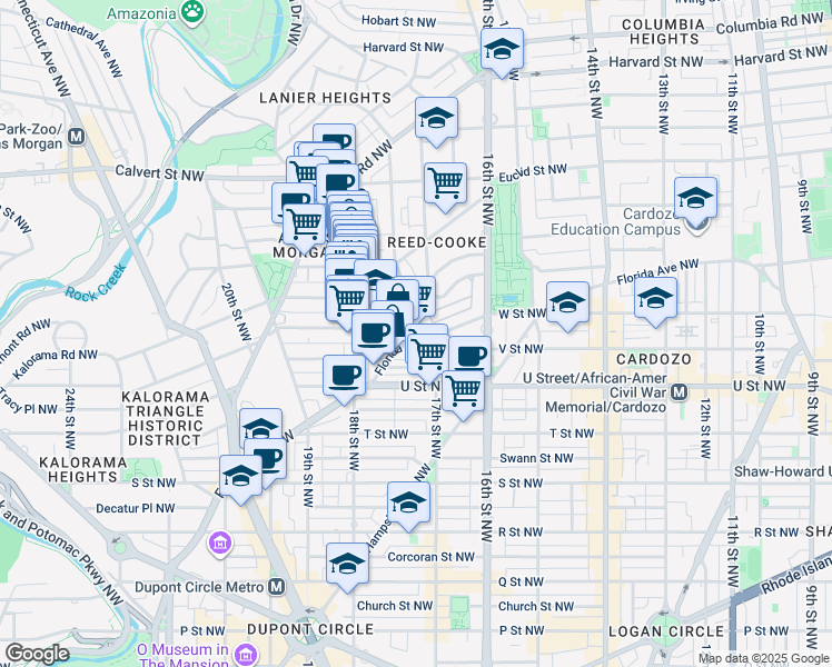 map of restaurants, bars, coffee shops, grocery stores, and more near 1701 Florida Avenue Northwest in Washington