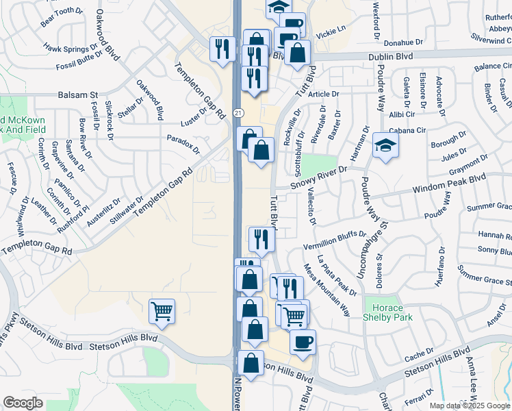 map of restaurants, bars, coffee shops, grocery stores, and more near 6010-6054 Tutt Boulevard in Colorado Springs