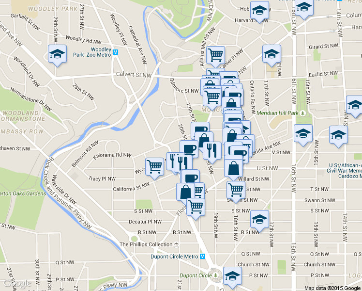 map of restaurants, bars, coffee shops, grocery stores, and more near 2227 20th Street Northwest in Washington
