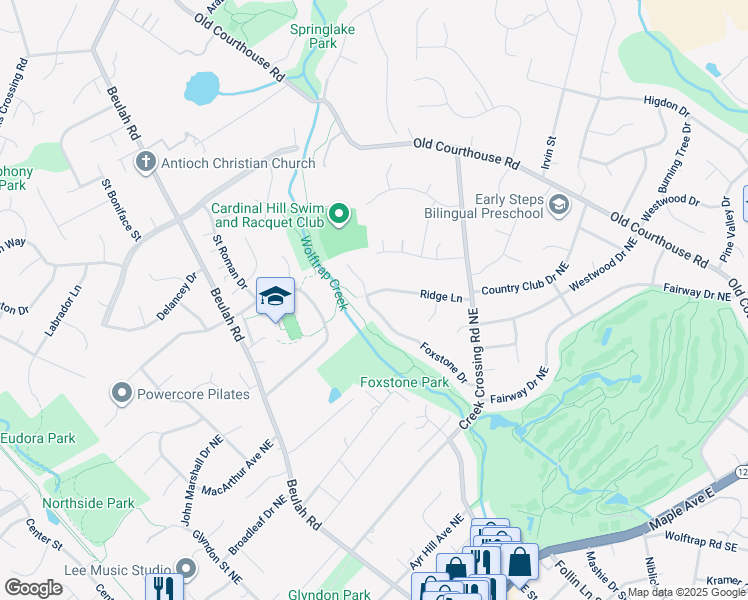 map of restaurants, bars, coffee shops, grocery stores, and more near 1841 Foxstone Drive in Vienna