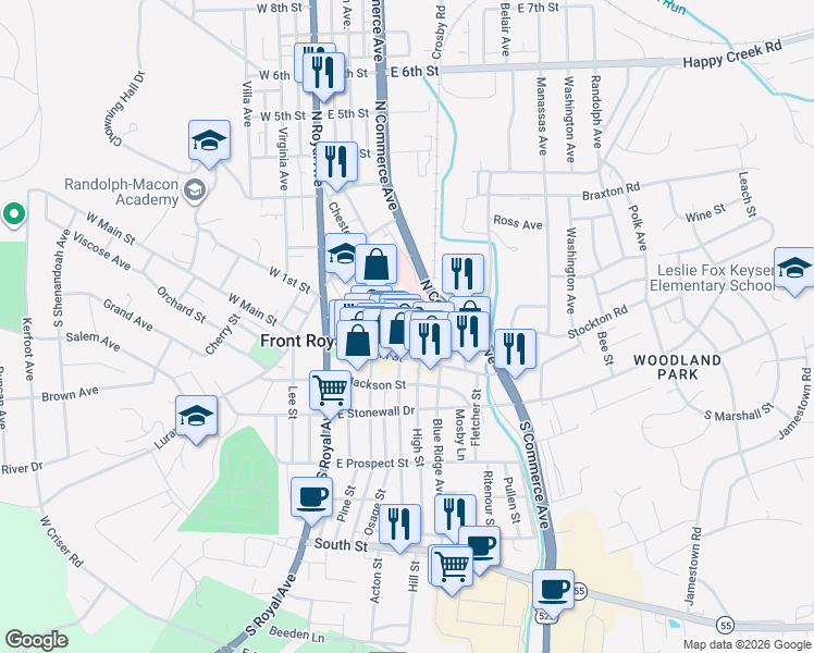 map of restaurants, bars, coffee shops, grocery stores, and more near 43 Chester Street in Front Royal