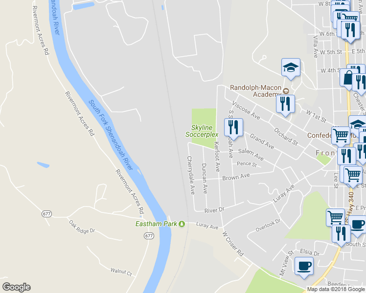 map of restaurants, bars, coffee shops, grocery stores, and more near 309 Cherrydale Avenue in Front Royal