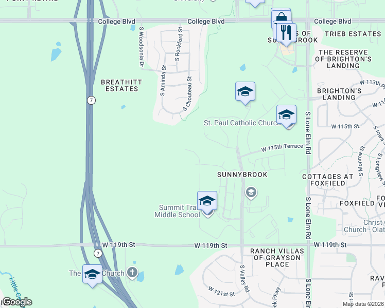 map of restaurants, bars, coffee shops, grocery stores, and more near 11538 South Montclaire Drive in Olathe