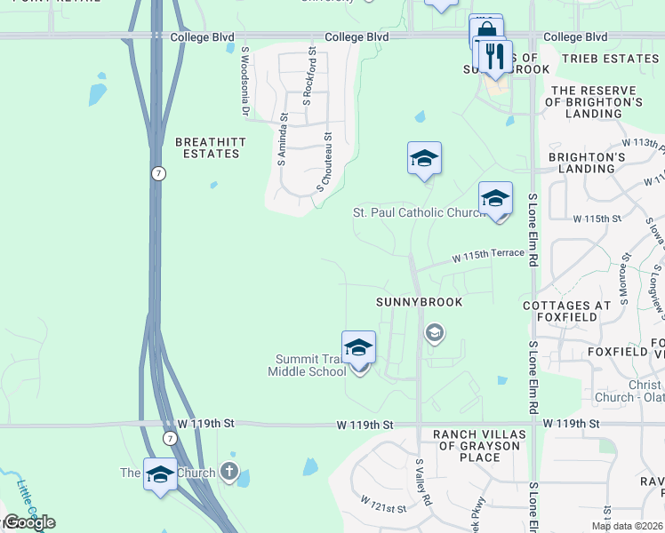 map of restaurants, bars, coffee shops, grocery stores, and more near 11538 South Montclaire Drive in Olathe