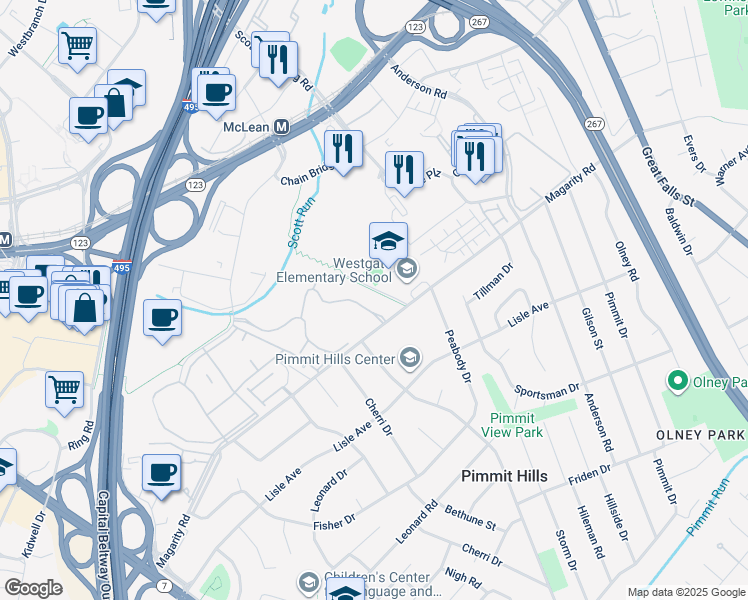 map of restaurants, bars, coffee shops, grocery stores, and more near 7600 Tremayne Place in McLean