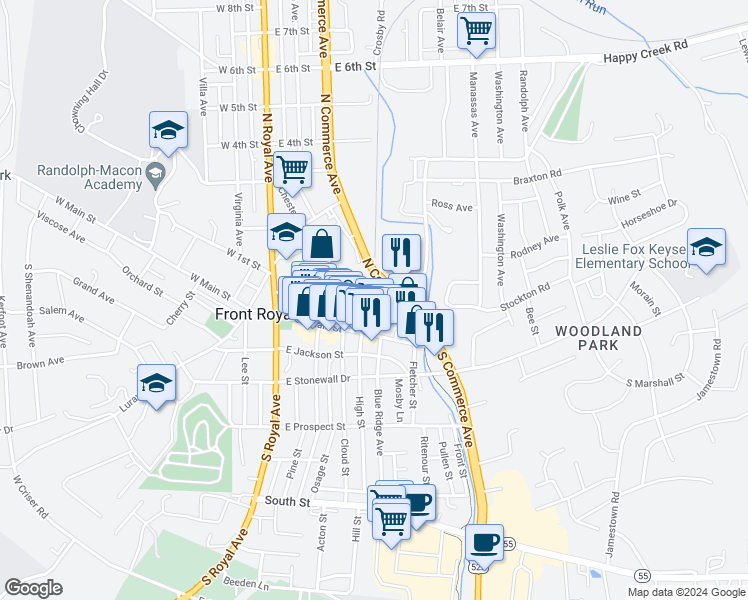 map of restaurants, bars, coffee shops, grocery stores, and more near 422 Laura Virginia Hale Place in Front Royal