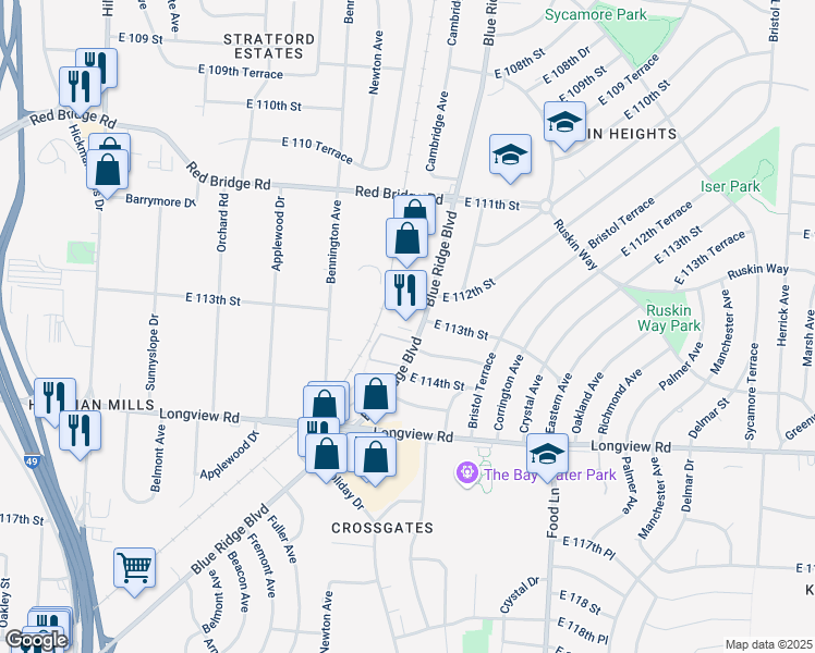 map of restaurants, bars, coffee shops, grocery stores, and more near 11308 Blue Ridge Boulevard in Kansas City