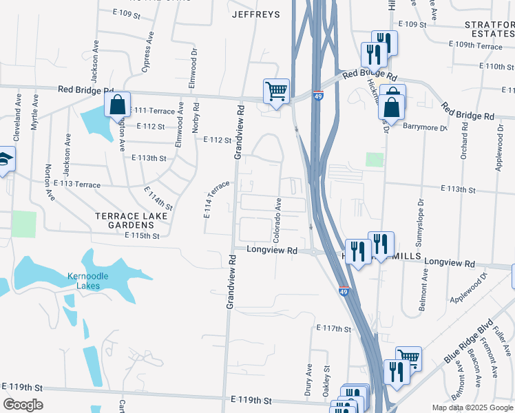 map of restaurants, bars, coffee shops, grocery stores, and more near 11330 Colorado Avenue in Kansas City