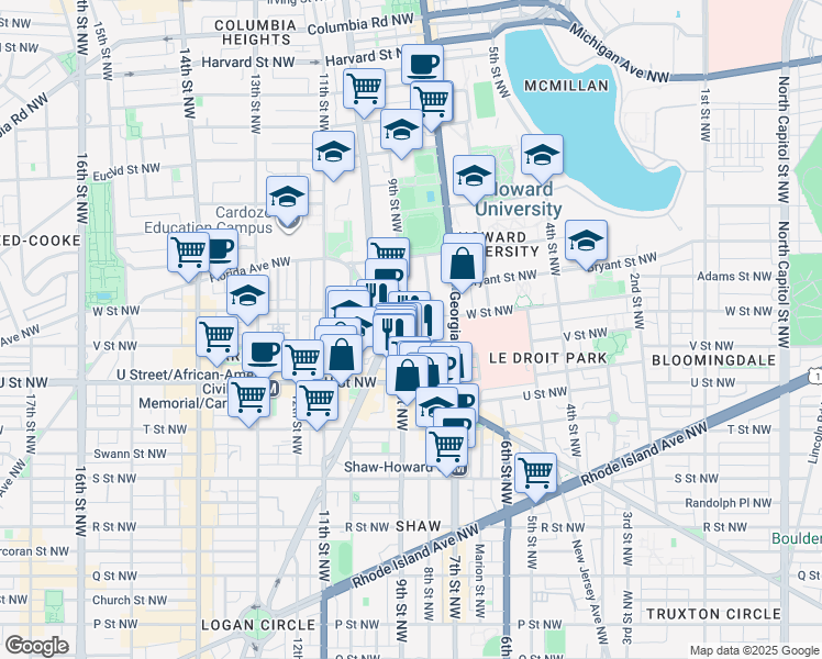map of restaurants, bars, coffee shops, grocery stores, and more near 2131 9th Street Northwest in Washington