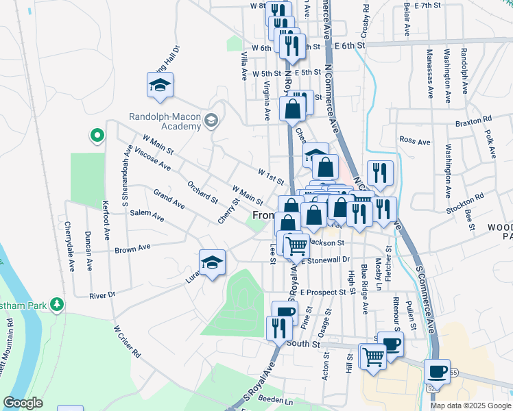 map of restaurants, bars, coffee shops, grocery stores, and more near 128 West Main Street in Front Royal