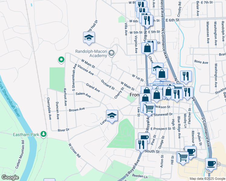 map of restaurants, bars, coffee shops, grocery stores, and more near 220 Orchard Street in Front Royal