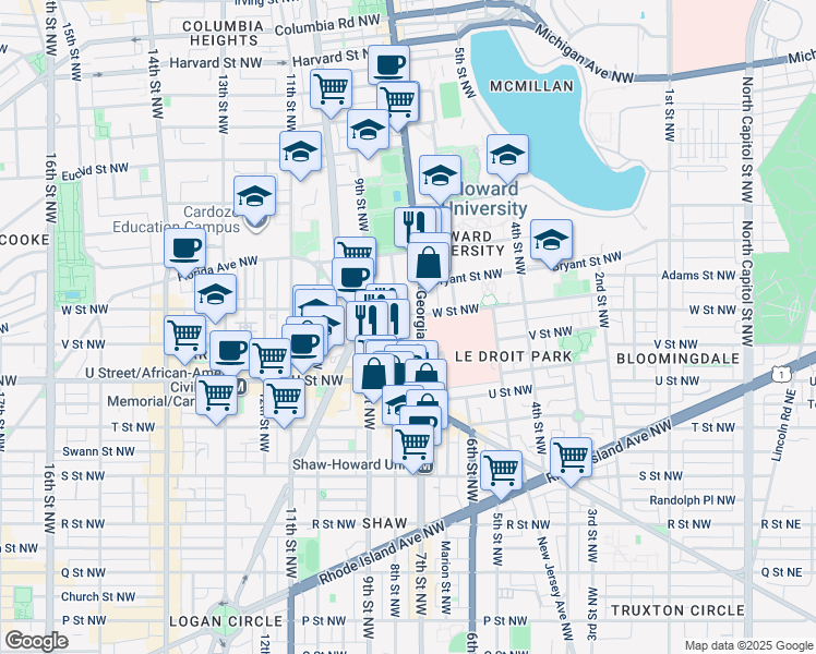 map of restaurants, bars, coffee shops, grocery stores, and more near 435 R Street Northwest in Washington