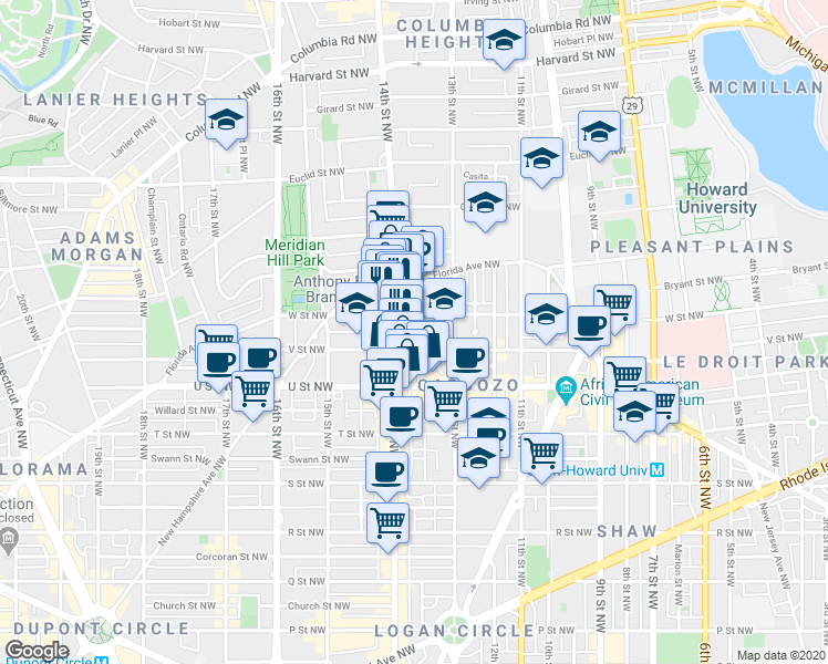 map of restaurants, bars, coffee shops, grocery stores, and more near 2125 14th Street Northwest in Washington