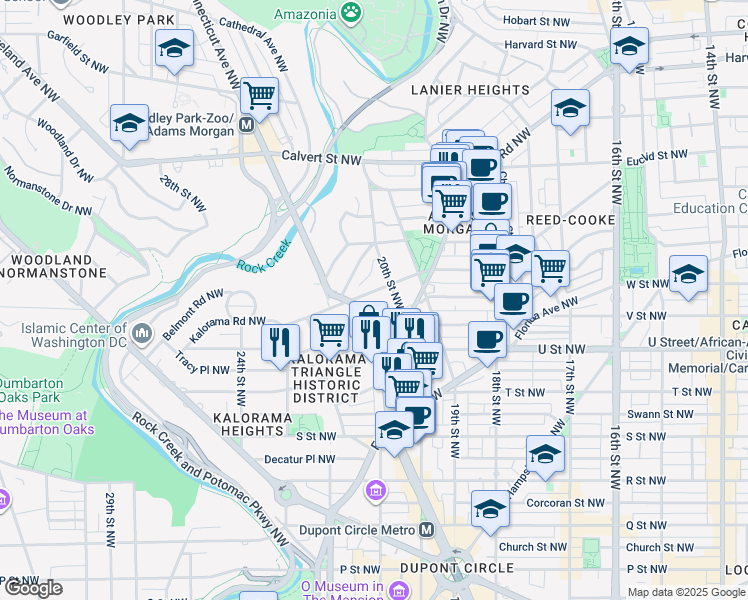 map of restaurants, bars, coffee shops, grocery stores, and more near 2014 Kalorama Road Northwest in Washington