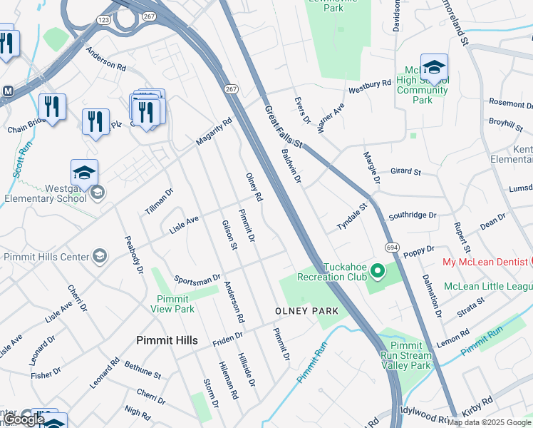 map of restaurants, bars, coffee shops, grocery stores, and more near 1809 Olney Road in Falls Church