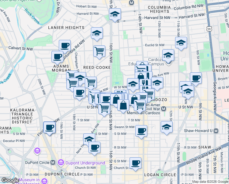 map of restaurants, bars, coffee shops, grocery stores, and more near 2101 16th Street Northwest in Washington