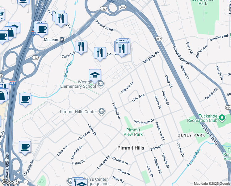 map of restaurants, bars, coffee shops, grocery stores, and more near 7433 Sportsman Drive in Falls Church