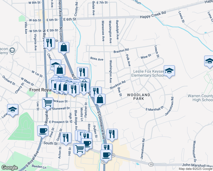 map of restaurants, bars, coffee shops, grocery stores, and more near 107 Manassas Avenue in Front Royal