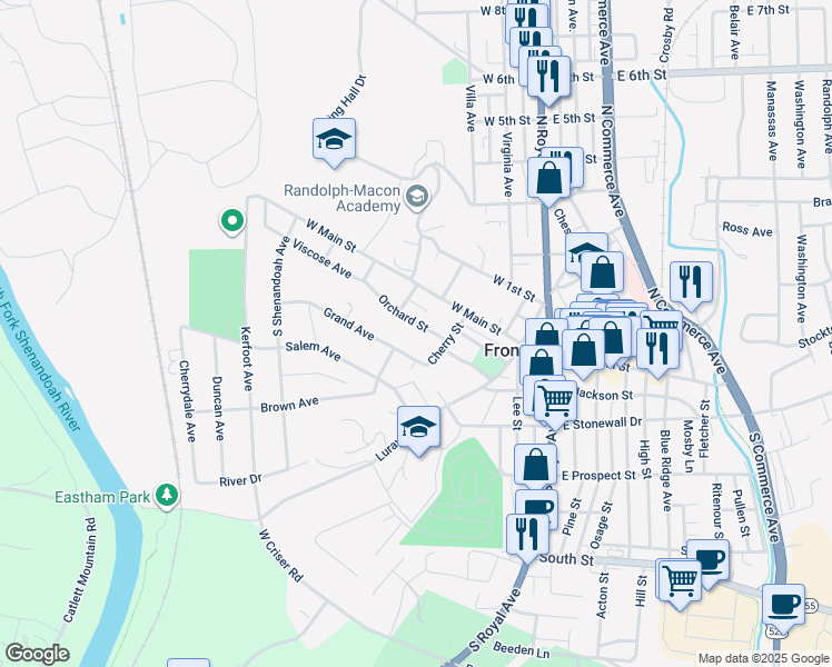 map of restaurants, bars, coffee shops, grocery stores, and more near 224 Orchard Street in Front Royal