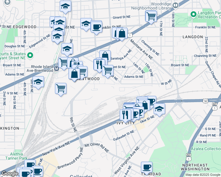 map of restaurants, bars, coffee shops, grocery stores, and more near 1241 W Street Northeast in Washington