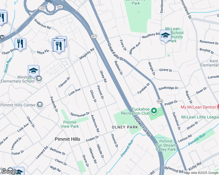 map of restaurants, bars, coffee shops, grocery stores, and more near 1809 Olney Road in Falls Church