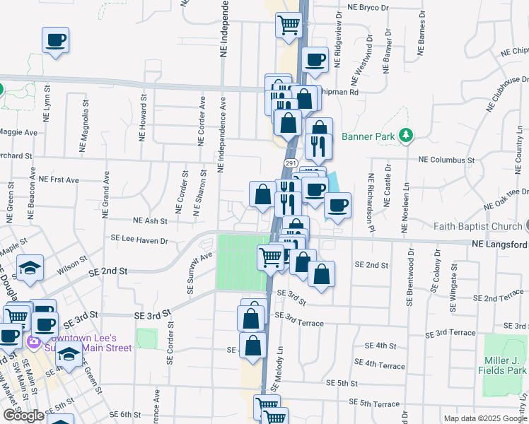 map of restaurants, bars, coffee shops, grocery stores, and more near in Lee's Summit