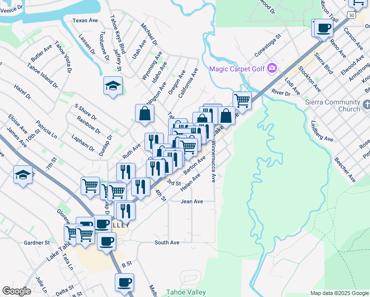 map of restaurants, bars, coffee shops, grocery stores, and more near 2229 Lake Tahoe Boulevard in South Lake Tahoe