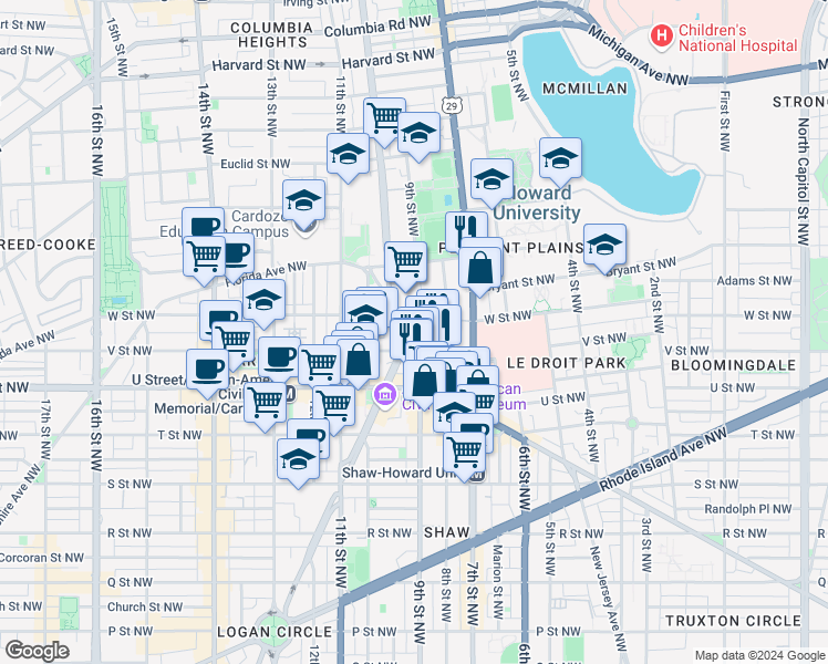 map of restaurants, bars, coffee shops, grocery stores, and more near 929 Florida Avenue Northwest in Washington