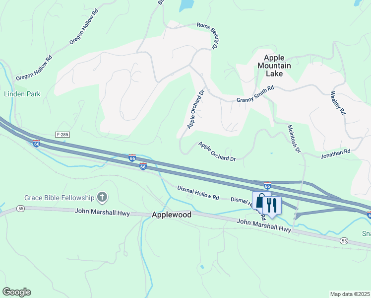 map of restaurants, bars, coffee shops, grocery stores, and more near 351 Apple Orchard Drive in Apple Mountain Lake