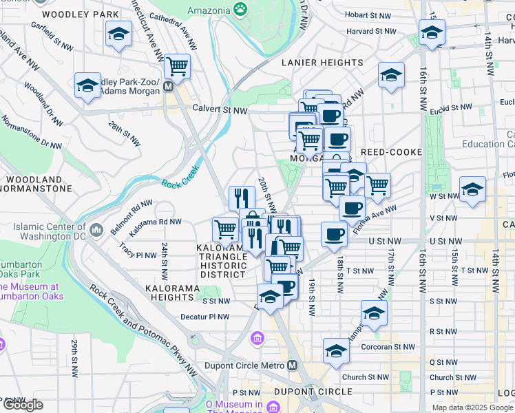 map of restaurants, bars, coffee shops, grocery stores, and more near 2012 Kalorama Road Northwest in Washington