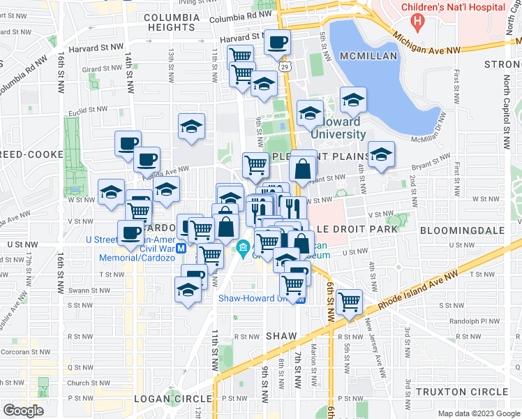map of restaurants, bars, coffee shops, grocery stores, and more near 919 Florida Avenue Northwest in Washington