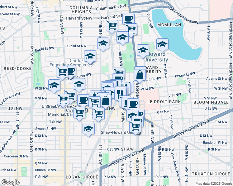 map of restaurants, bars, coffee shops, grocery stores, and more near 2120 Vermont Avenue Northwest in Washington