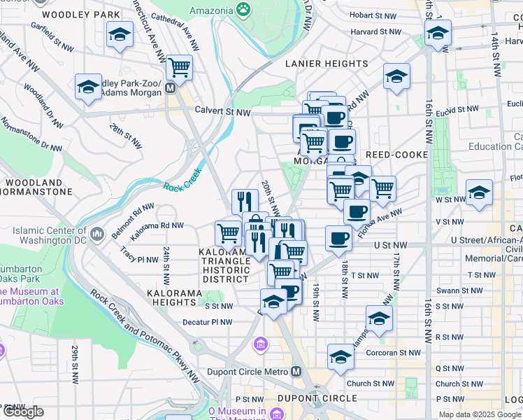map of restaurants, bars, coffee shops, grocery stores, and more near 2012 Kalorama Road Northwest in Washington