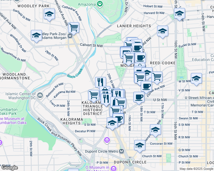 map of restaurants, bars, coffee shops, grocery stores, and more near 2012 Kalorama Road Northwest in Washington