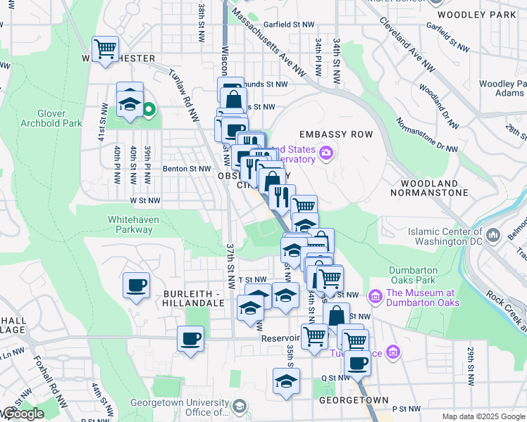 map of restaurants, bars, coffee shops, grocery stores, and more near 2150 Wisconsin Avenue Northwest in Washington
