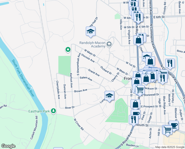 map of restaurants, bars, coffee shops, grocery stores, and more near 344 Grand Avenue in Front Royal