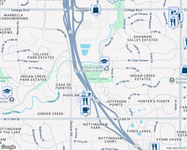 map of restaurants, bars, coffee shops, grocery stores, and more near 11606 Knox Street in Overland Park