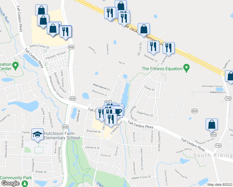 map of restaurants, bars, coffee shops, grocery stores, and more near 25252 Riffleford Square in Chantilly