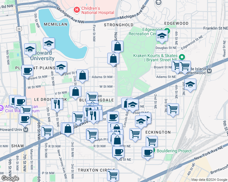 map of restaurants, bars, coffee shops, grocery stores, and more near 2120 North Capitol Street Northwest in Washington