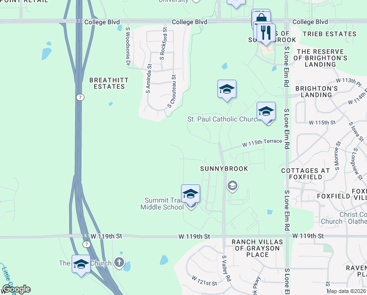 map of restaurants, bars, coffee shops, grocery stores, and more near 11538 South Montclaire Drive in Olathe