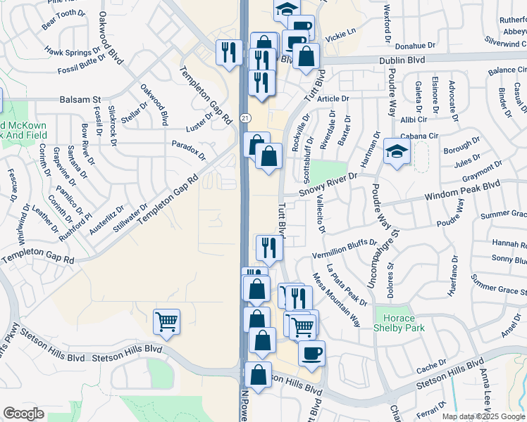 map of restaurants, bars, coffee shops, grocery stores, and more near 6010-6054 Tutt Boulevard in Colorado Springs