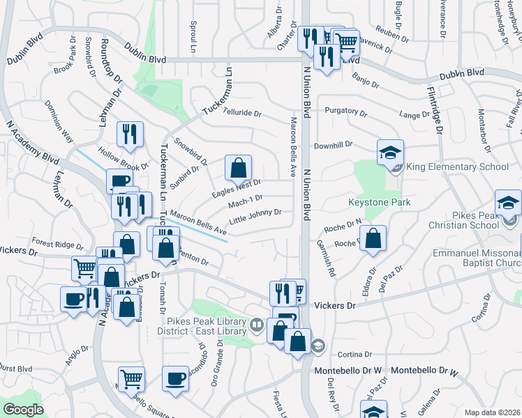 map of restaurants, bars, coffee shops, grocery stores, and more near 6175 Mach-1 Drive in Colorado Springs