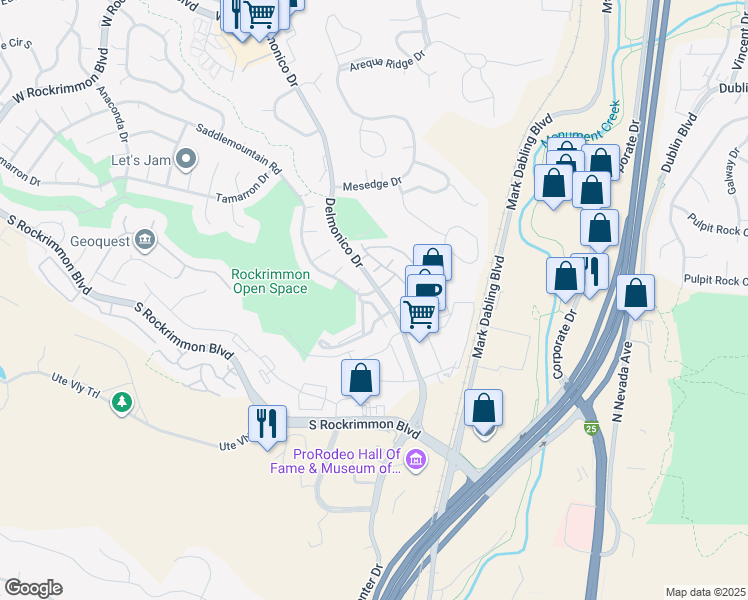 map of restaurants, bars, coffee shops, grocery stores, and more near 72 Saddlemountain Road in Colorado Springs