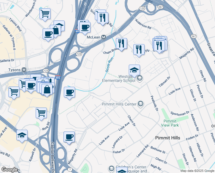 map of restaurants, bars, coffee shops, grocery stores, and more near 7720 Tremayne Place in McLean
