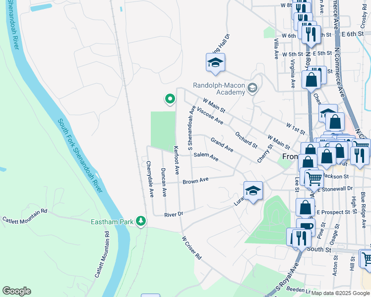 map of restaurants, bars, coffee shops, grocery stores, and more near 211 South Shenandoah Avenue in Front Royal