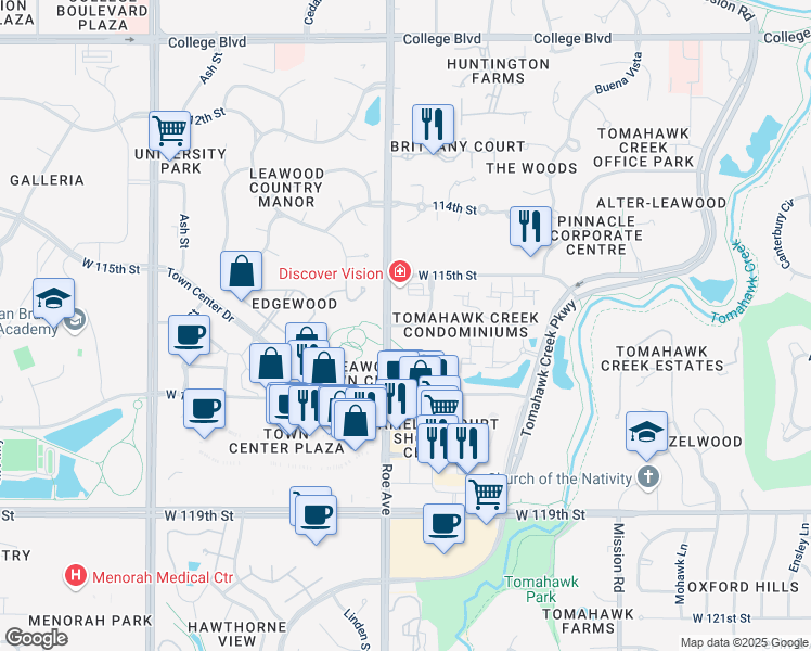 map of restaurants, bars, coffee shops, grocery stores, and more near 11550 Granada Lane in Leawood