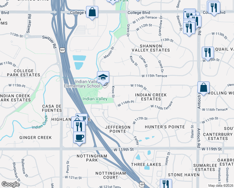 map of restaurants, bars, coffee shops, grocery stores, and more near 11609 Knox Street in Overland Park