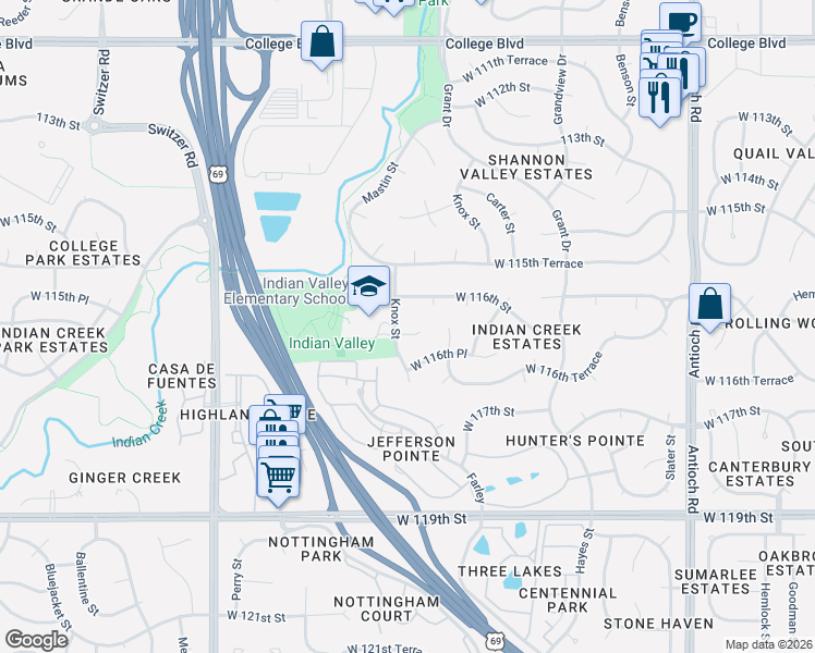 map of restaurants, bars, coffee shops, grocery stores, and more near 11609 Knox Street in Overland Park